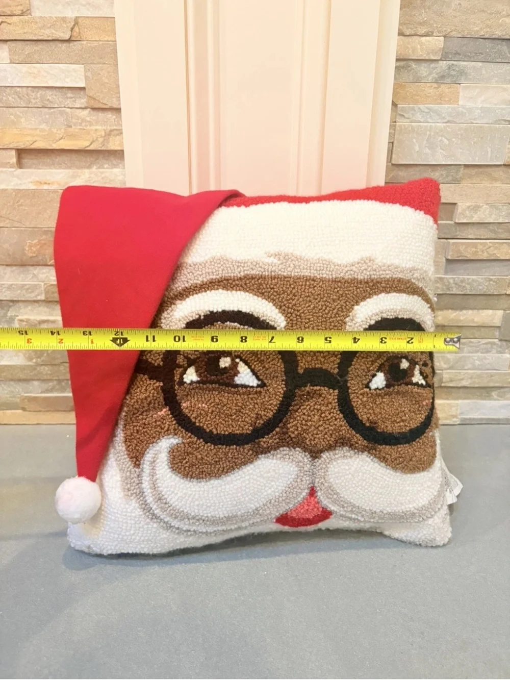 Ashland Christmas Peppermint Lane Santa Square Pillow 14x14 Pom Pom